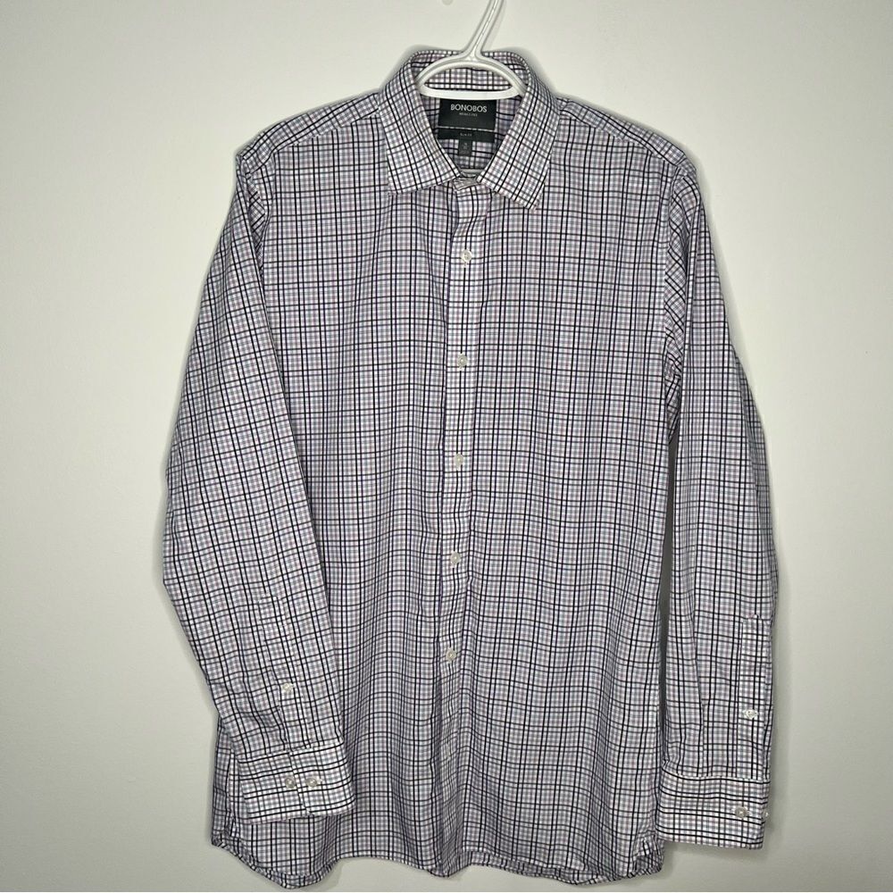 Bonobos Mens Dress Shirt 16 - 35 Purple Plaid Non-Iron Slim Fit